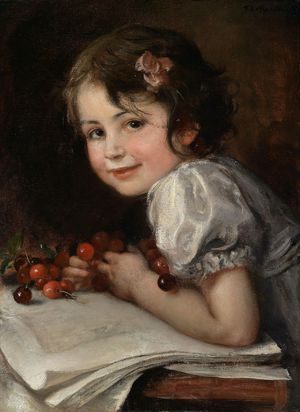 Friedrich August Kaulbach, Cherries - Portrait of Daughter Hedda, Painting on canvas