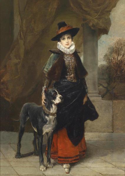 Portrait of a Lady in Historical Costume with Great Dane. The painting by Friedrich August Kaulbach