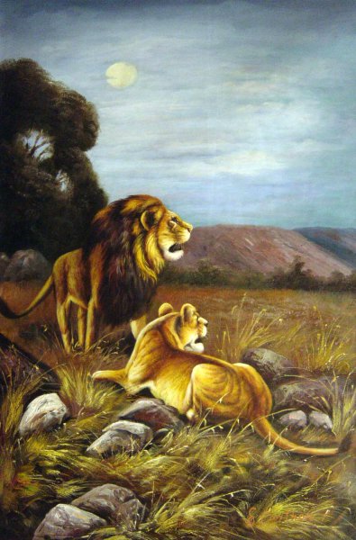 The African Lions. The painting by Friedrich Wilhelm Kuhnert