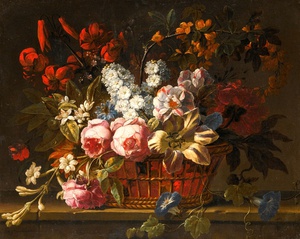 Gaspar Peeter Verbruggen the Elder, A Still Life of Pink Roses, Tulips, Hyacinths, Jasmine and other Flowers, Painting on canvas
