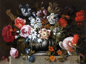 Gaspar Peeter Verbruggen the Elder, Still Life of Flowers in a Stone Urn with a Parrot, Painting on canvas