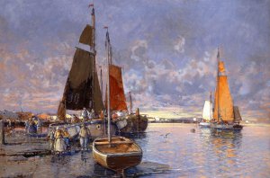 Famous paintings of Ships: Fishing on the Pier at Sunset