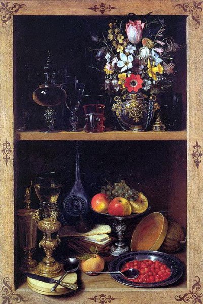 Cupboard Picture With Flowers, Fruit And Goblets. The painting by Georg Flegel