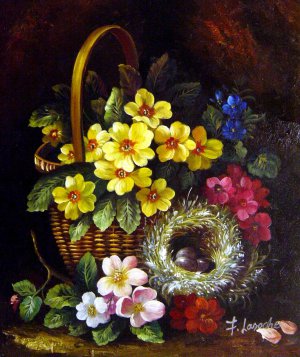 George Clare, Still Life With Primroses, Violas, Cherry Blossom And Geraniums, Art Reproduction