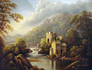 Famous paintings of Landscapes: A River Landscape With Bridge And Distant Mountains