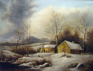 Farmstead In Winter, George Durrie, Art Paintings