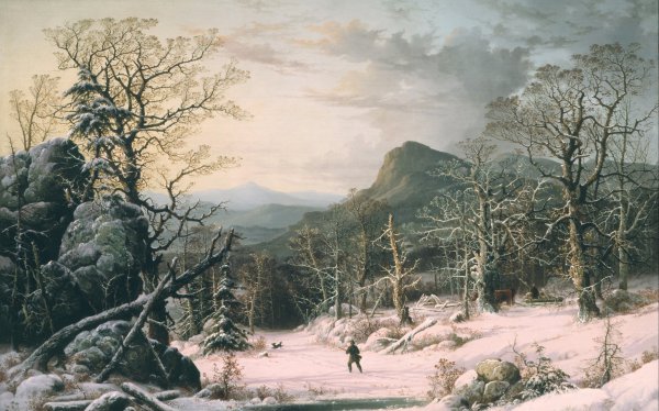 Hunter in Winter Woods. The painting by George Durrie
