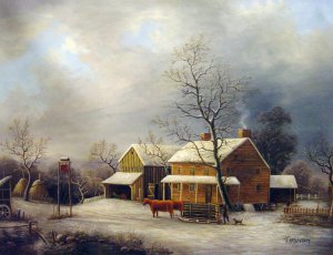George Durrie, Oxen Hauling Logs On A Sled, Painting on canvas