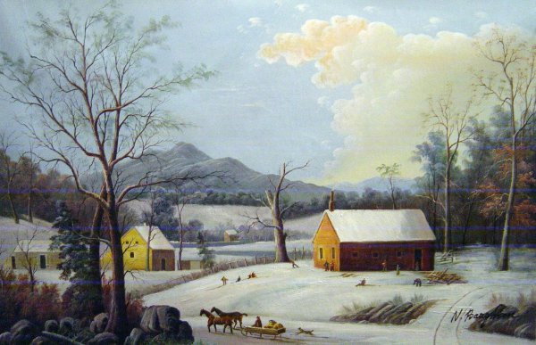 Red School House, Winter. The painting by George Durrie