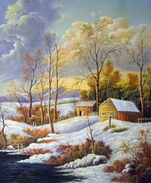 The Farmstead In Winter, George Durrie, Art Paintings