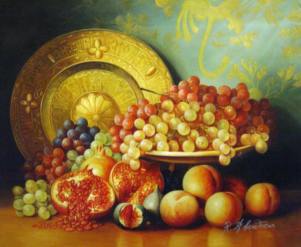A Display Of Figs, Pomegranates, Grapes, And Brass Plate. The painting by George Henry Hall