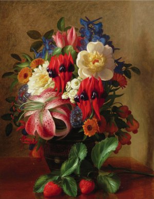 George Henry Hall, Still Life with Flowers and Strawberries, Painting on canvas