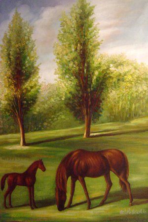 Famous paintings of Horses-Equestrian: Chestnut Mare And Foal In A Wooded Landscape