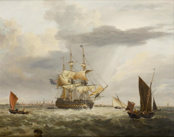 Ship of the Line off Portsmouth; A ship of the Line off Whitby. The painting by George Webster