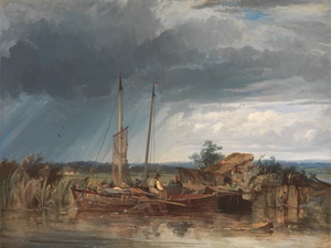 George Wellington Waters, Two Fishing Boats on the Banks of Inland Waters, Painting on canvas