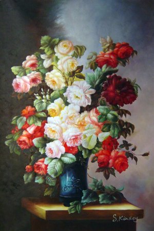 A Still Life With Roses And Peonies In A Blue Vase, Georges Viard, Art Paintings