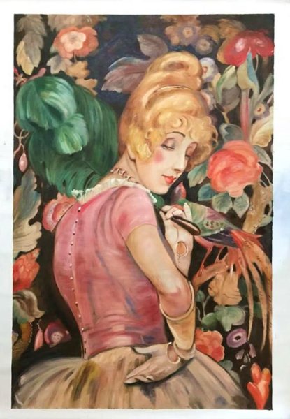 A Beautiful Portrait of Lili with a Feather Fan, 1920 Oil Painting Reproduction
