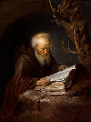 Famous paintings of Religious: A Saint Reading in his Cave