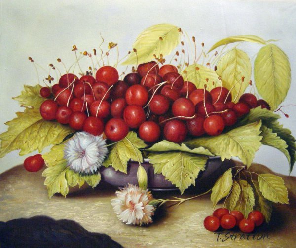 A Dish Of Cherries And Carnation. The painting by Giovanna Garzoni