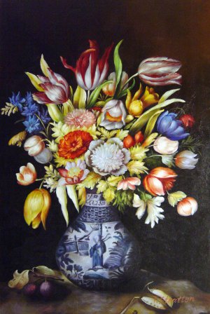 Chinese Vase With Varied Flowers And Two Prunes And Two Peas Art Reproduction