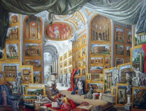 A Gallery With A View Of Ancient Rome, Giovanni Paolo Pannini, Art Paintings
