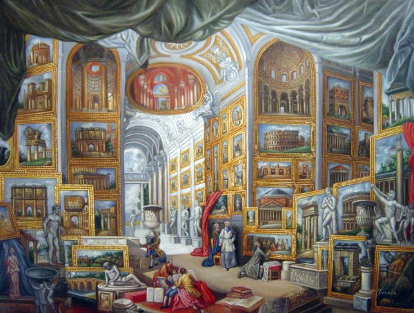 A Gallery With A View Of Ancient Rome. The painting by Giovanni Paolo Pannini