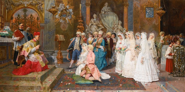 A Wedding Day. The painting by Giulio Rosati