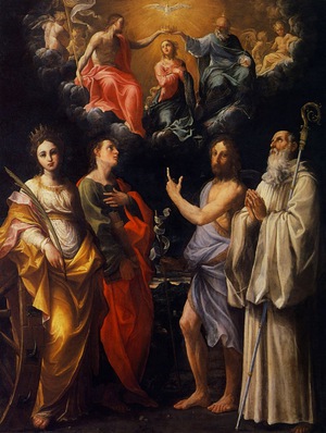 Famous paintings of Religious: Coronation of the Virgin with Saint Catherine of Alexandria, Saint John the Evangelist, and Saint John the Baptist