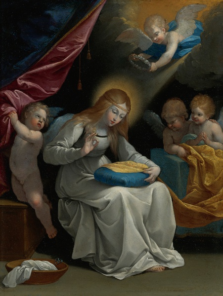 The Virgin Sewing, Accompanied by Four Angels. The painting by Guido Reni