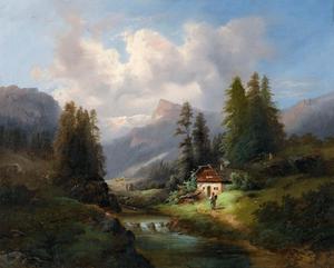 Gustav Barbarini, Idyllic Mountain Landscape, Painting on canvas