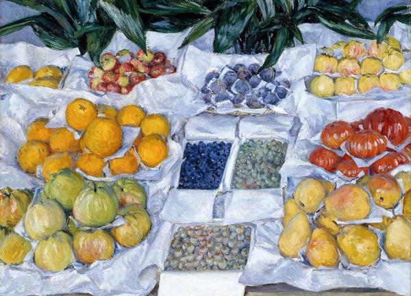 Fruit Displayed on a Stand. The painting by Gustave Caillebotte