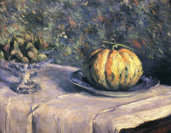 Melon and Fruit Bowl with Figs. The painting by Gustave Caillebotte