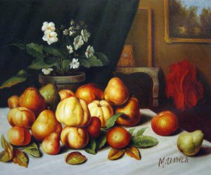 Gustave Courbet, Still Life- Apples, Pears And Primroses On A Table, Art Reproduction