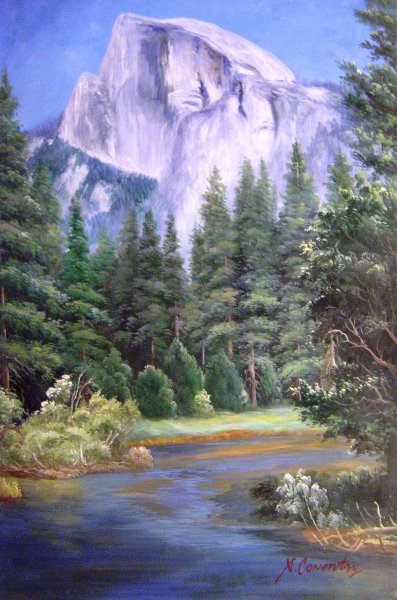 Half Dome Over The Merced River - Yosemite. The painting by Our Originals