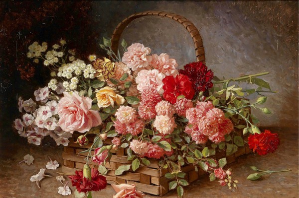 Basket of Roses & Carnations. The painting by Hans Buchner