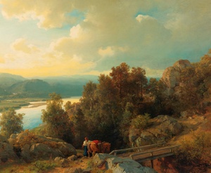 Hans Frederik Gude, A Lakeside Landscape, Painting on canvas