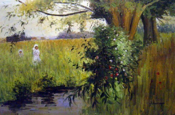 Collecting Flowers By The Stream. The painting by Hector Caffieri