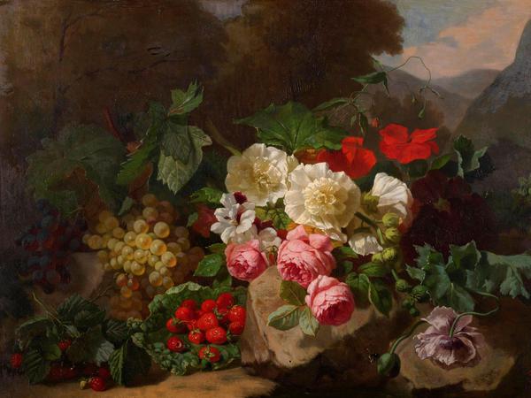 A Still Life with Flowers and Fruit. The painting by Henri Robbe