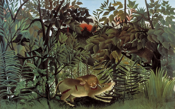 The Hungry Lion Attacking An Antelope. The painting by Henri Rousseau