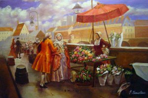 Henri Victor Lesur, A Flower-Seller Along The Seine, Painting on canvas