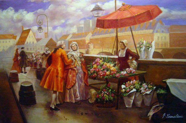 A Flower-Seller Along The Seine. The painting by Henri Victor Lesur