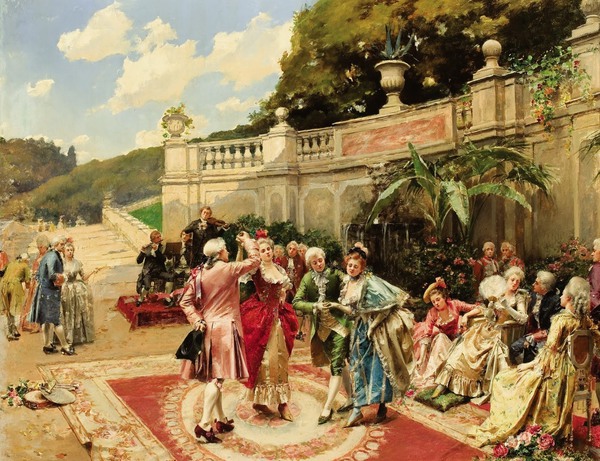 A Party in the Garden. The painting by Henri Victor Lesur
