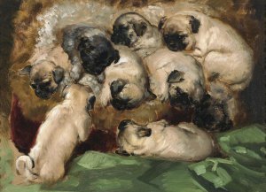 Henriette Ronner-Knip, A Litter of Pugs, Painting on canvas