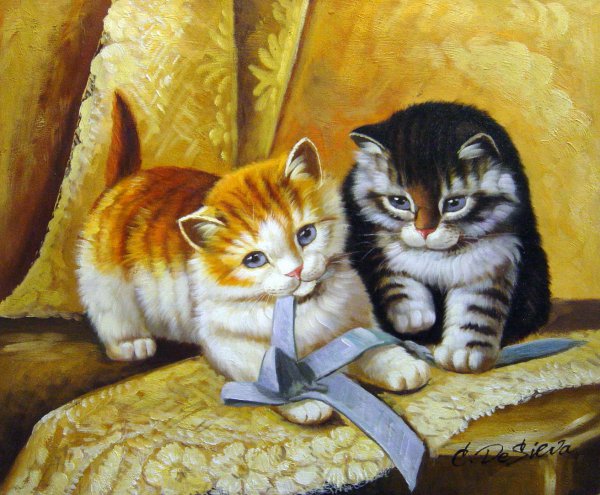 Kittens And Bows. The painting by Henriette Ronner-Knip