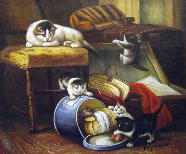 Kittens And The New Hat. The painting by Henriette Ronner-Knip