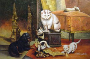Henriette Ronner-Knip, Kittens Under Watchful Eye Of King Charles Spaniel And Cat, Painting on canvas