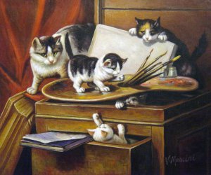 Henriette Ronner-Knip, Painting Lesson Part II With Cat And Kittens, Painting on canvas