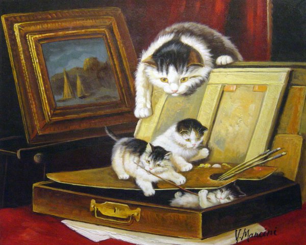 Painting Lesson Part III With Cat And Kittens. The painting by Henriette Ronner-Knip