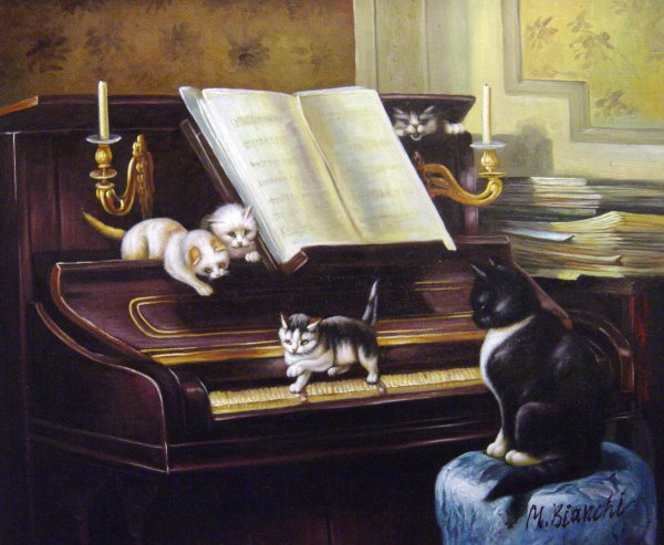 The Piano Lesson With Cat And Kittens. The painting by Henriette Ronner-Knip