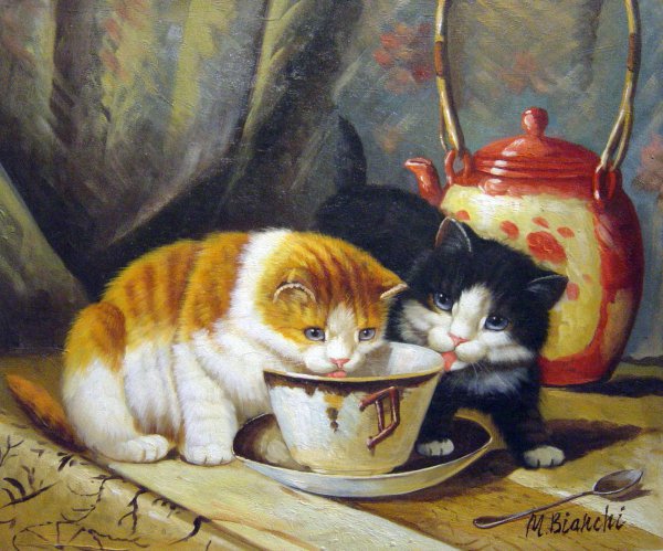 The Tea Party With Kittens. The painting by Henriette Ronner-Knip